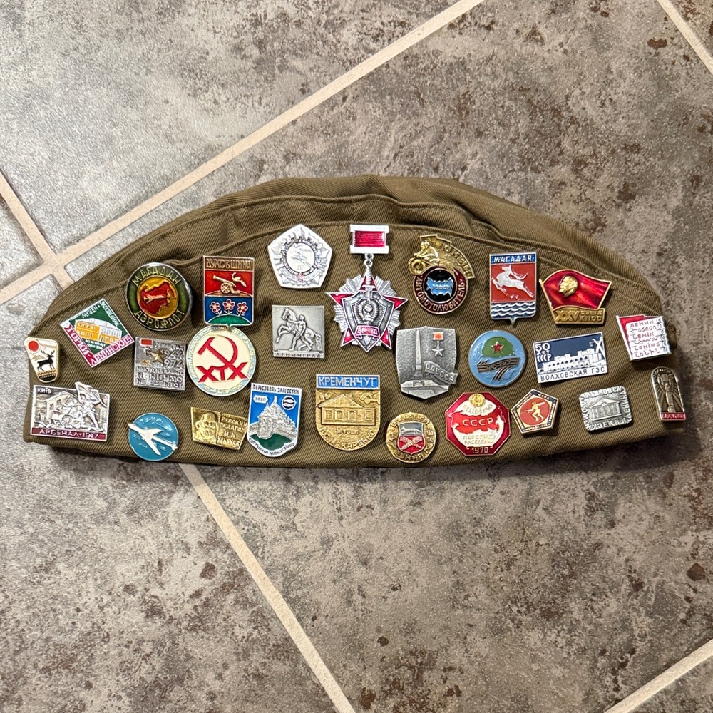 Vintage USSR Military Garrison Cap with Soviet Znachki Pins